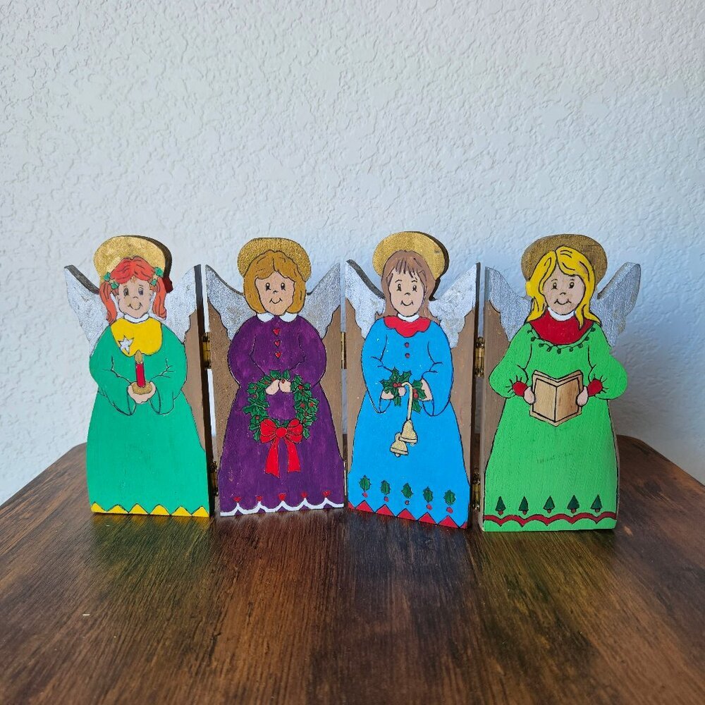 Vintage 70s 80s Handmade Wooden Hand Painted Singing Angels Christmas Decor